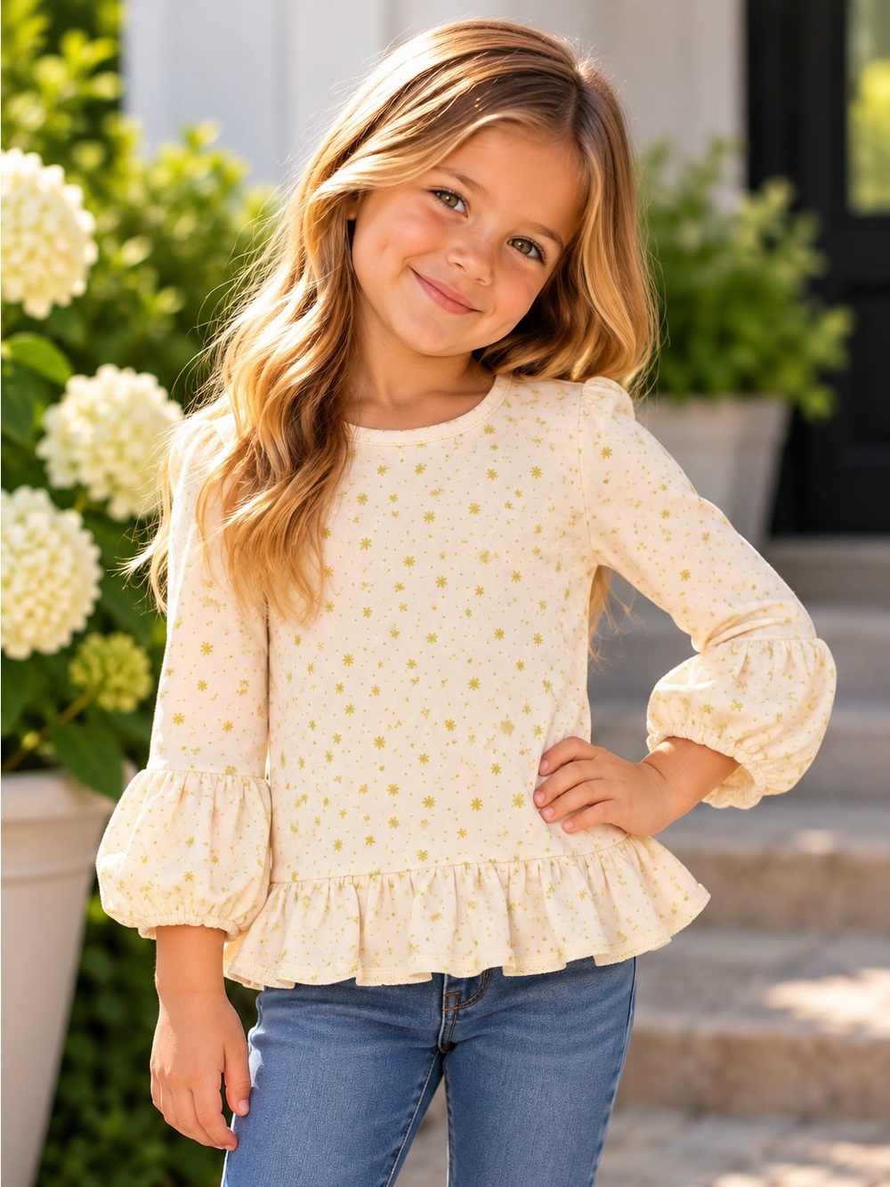 Matilda Jane Girls Size 4 Cream Star Print Ruffle Tunic Top